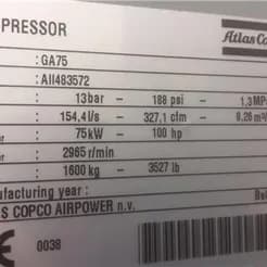 فروش کمپرسور Atlas Copco GA 75 compressor اسکرو 75 کیلووات - تصویر 2