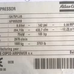 فروش کمپرسور Atlas Copco GA 75 PLUS compressor کم کارکرده - تصویر 2